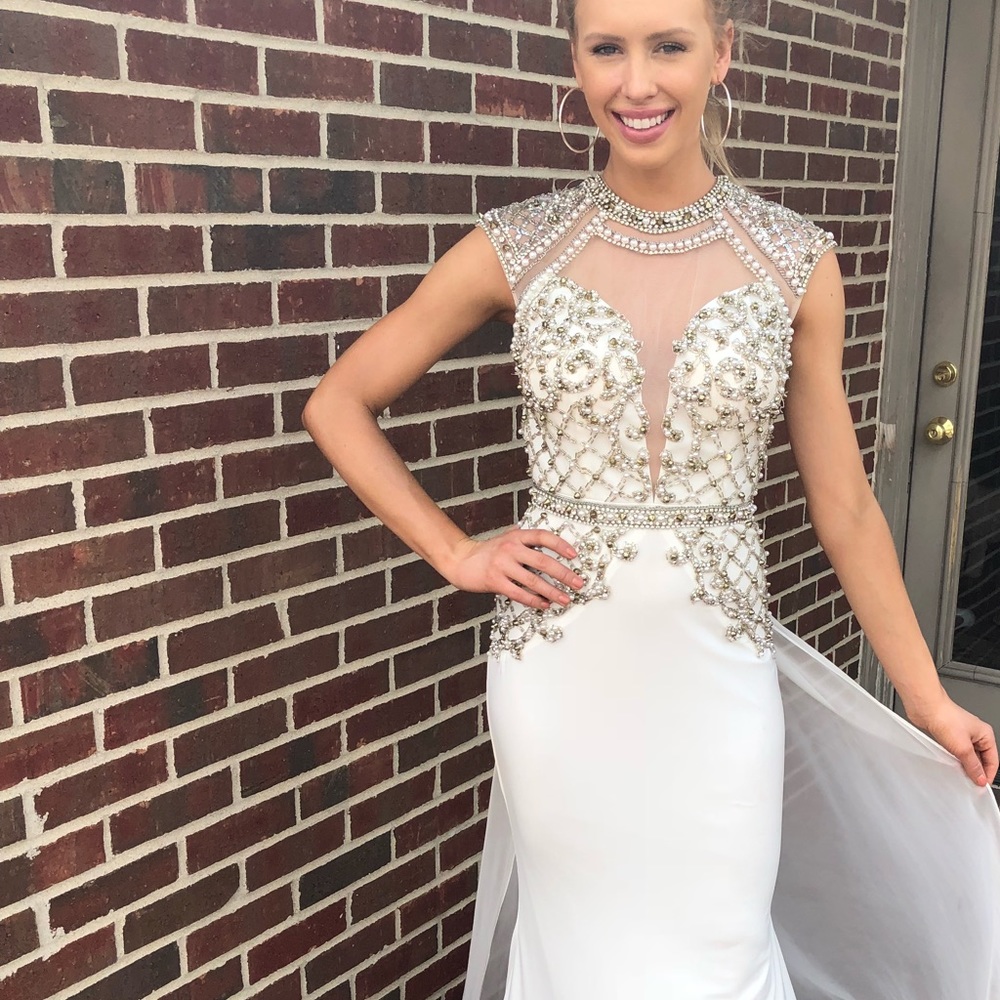 Sherri Hill long beaded white gown with train